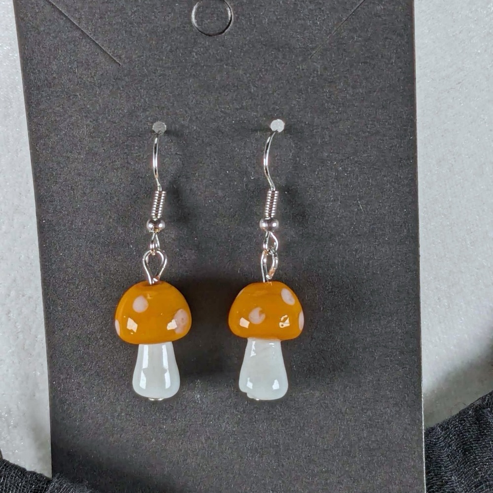 NWT  handmade glass mushroom earrings! nickel free earrings  - orange/brown